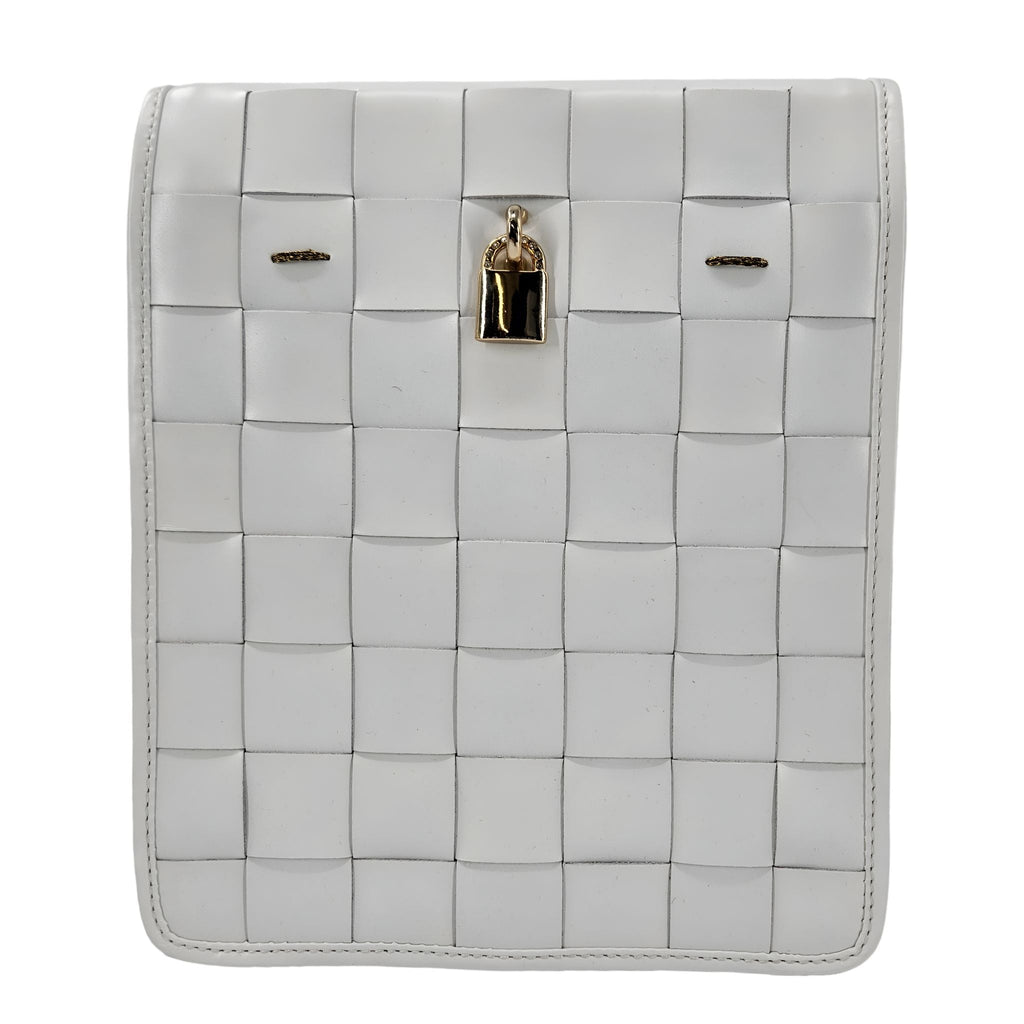 Woven Leather White Crossbody Bag with Signature Lock