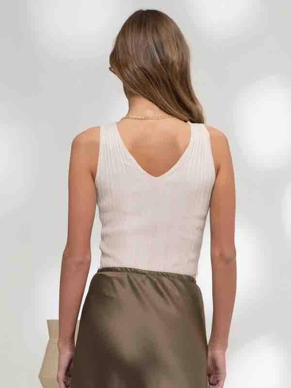 Minimalist V-Neck Sweater Knit Tank Top in Oatmeal