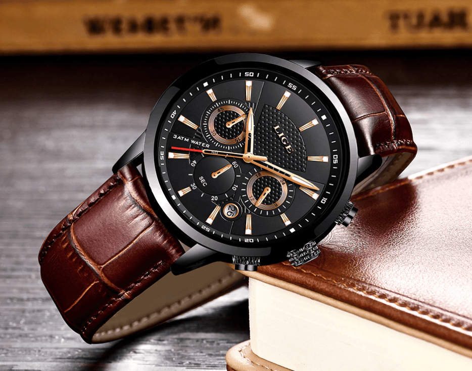 Men's Waterproof Chronograph Sport Watch with Leather Strap