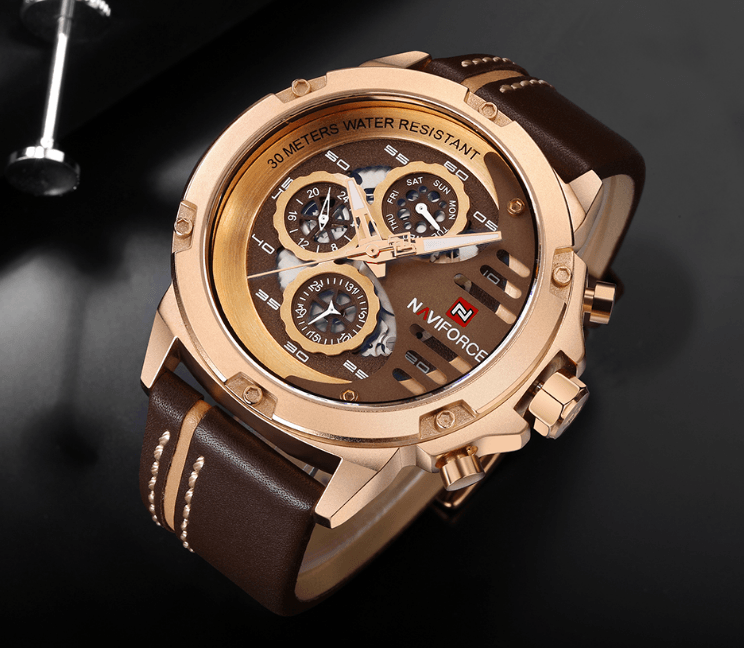 Men's Waterproof Sports Watch with Leather Band & Chronometers