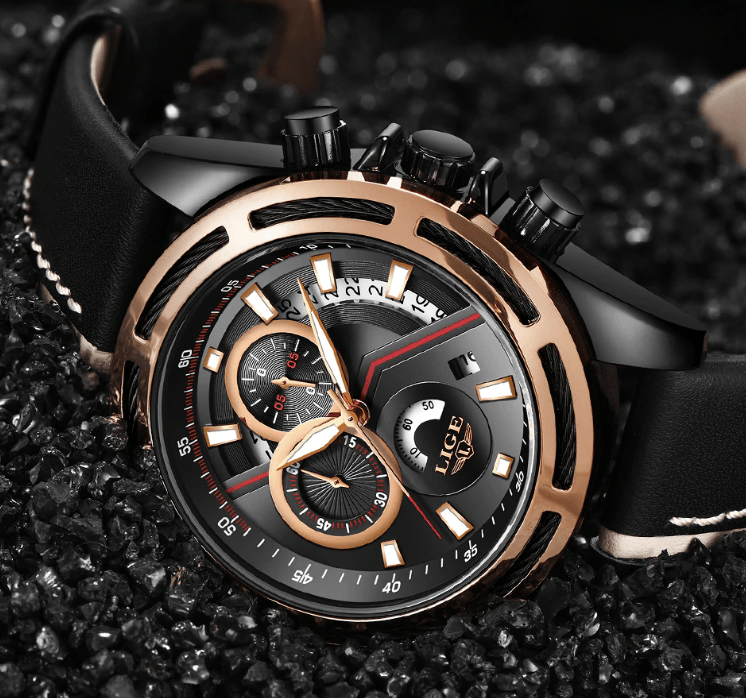 Men's Waterproof Chronograph Sports Watch with Leather Strap