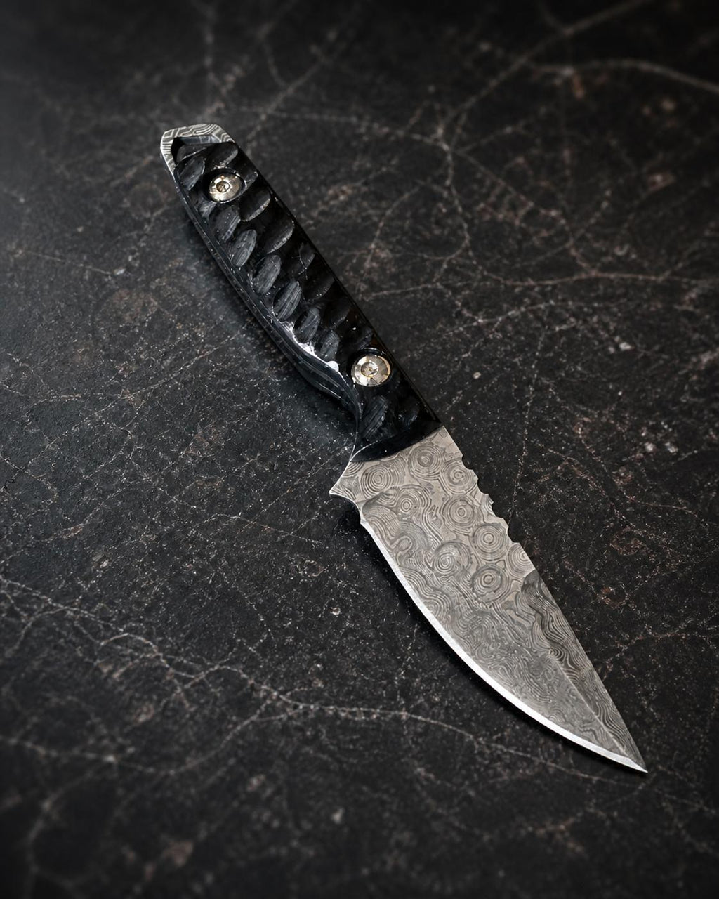 Shadow Scale Damascus Hunting Knife with Carved Micarta Handle