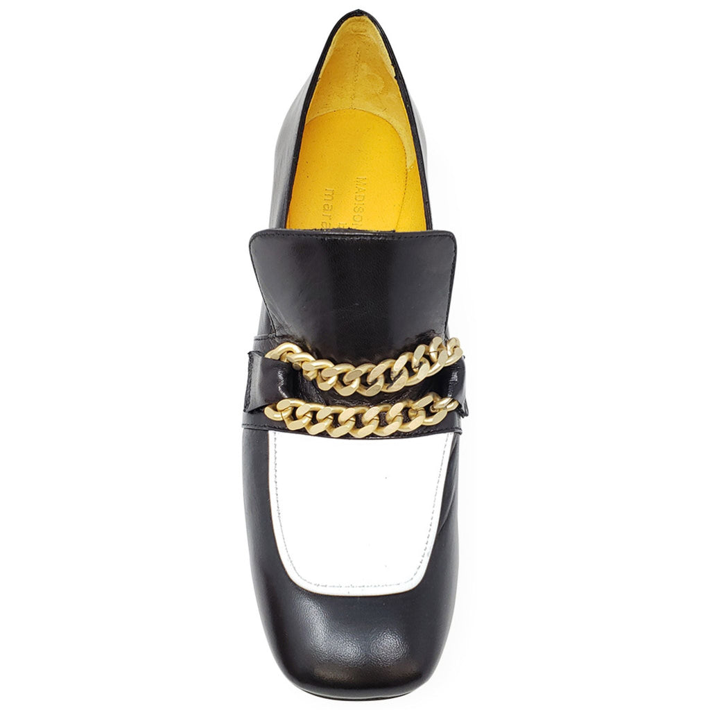 Black & White Leather Mid Heel Loafer W/Chain