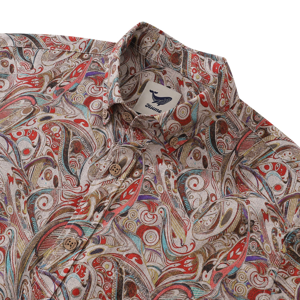 Men's Geometric Long Sleeve Button-Down Aloha Shirt in Beige