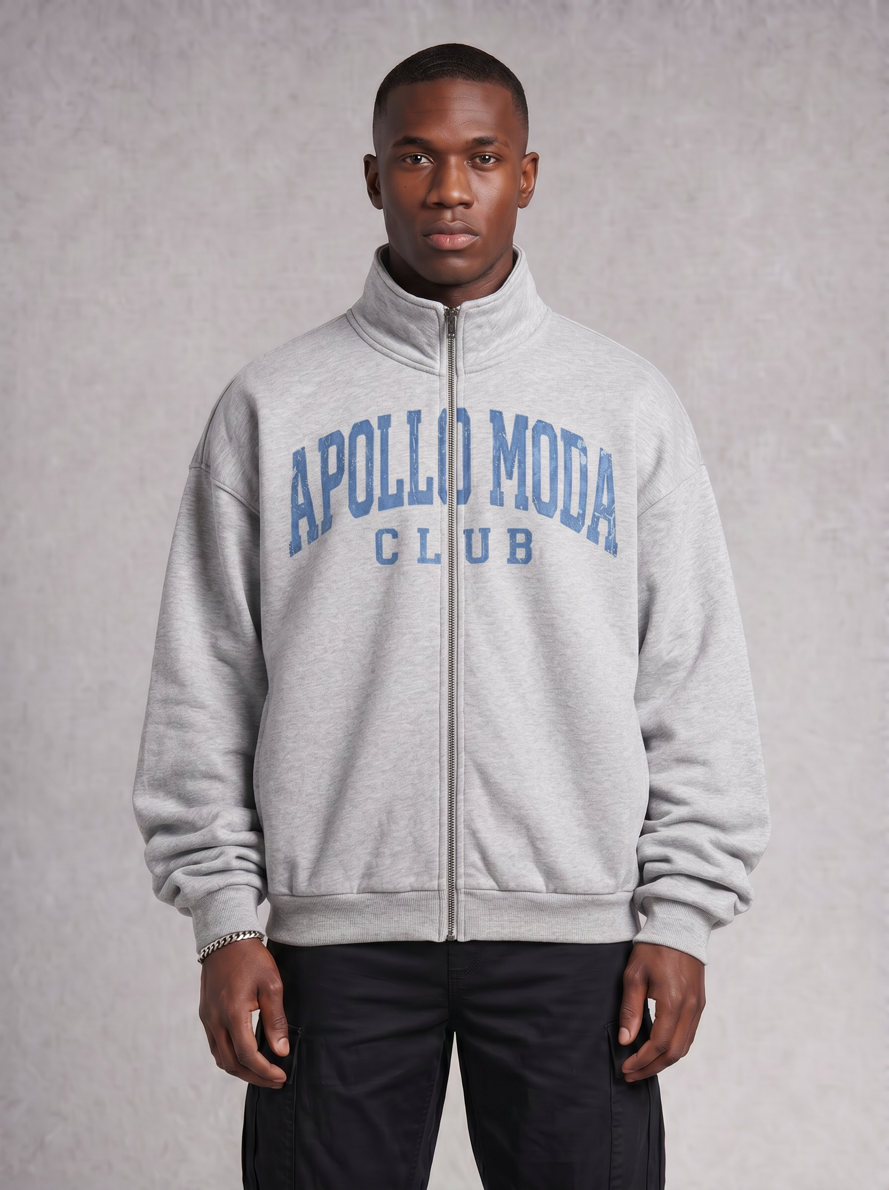 Oversized full-zip sweatshirt with stand collar in grey, featuring drop-shoulder athletic design.