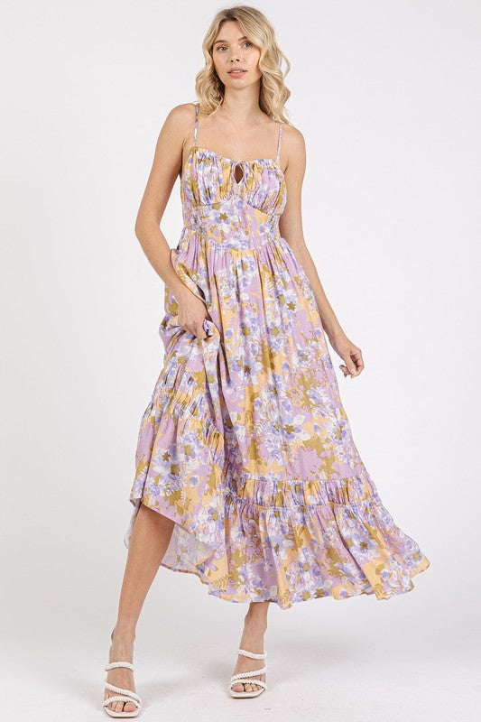 Floral smocked back maxi cami dress with ruffled hem detail
