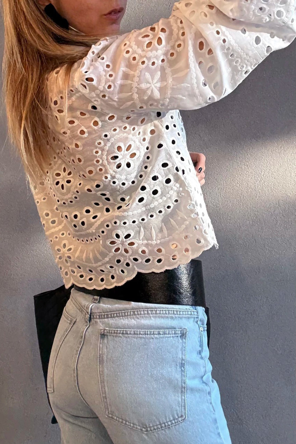 Eyelet Embroidered Puff Sleeve Cropped Cotton Shirt