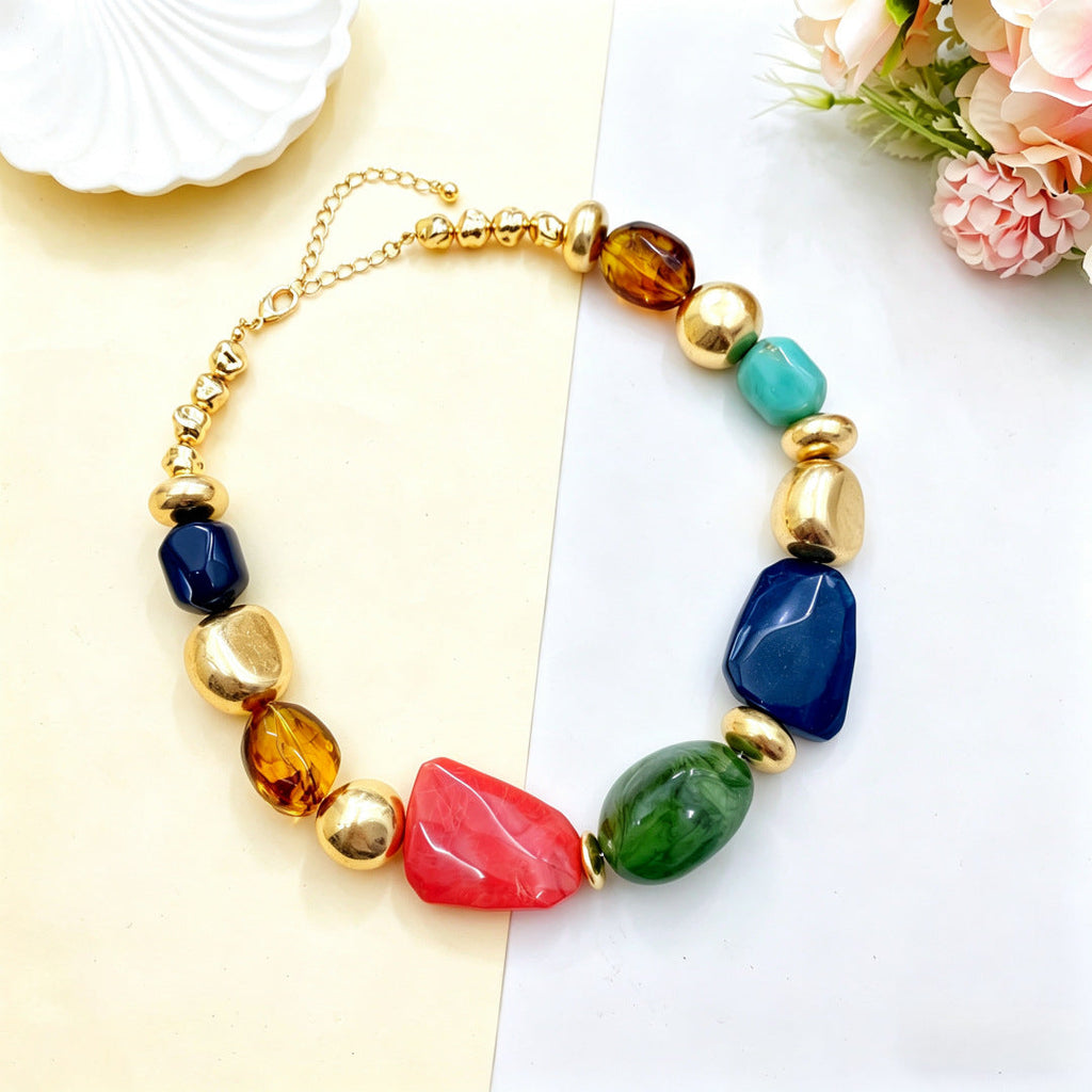Irregular Acrylic Statement Necklace with Gold Metallic Beads