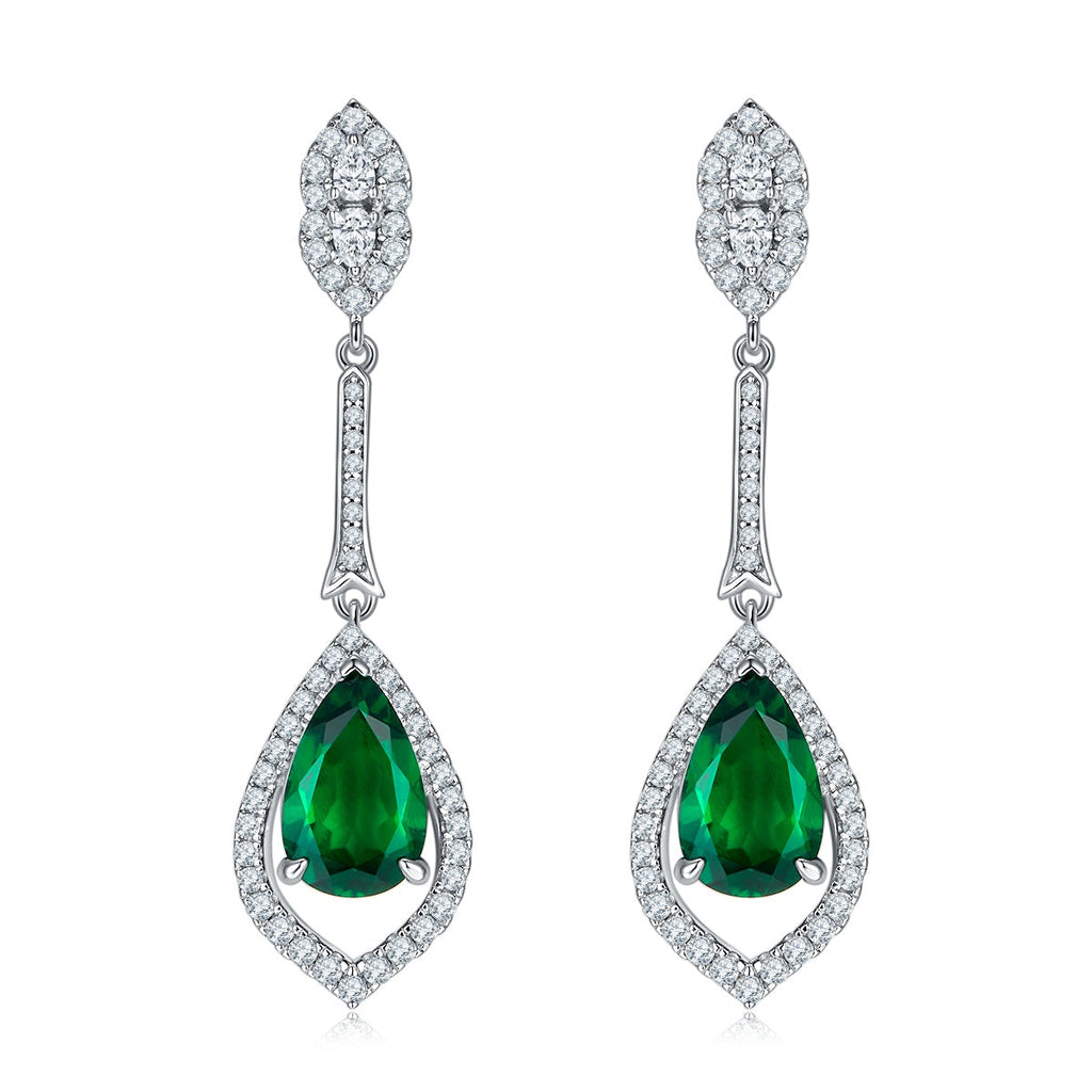 S925 Silver 5.6g Lab-Created Emerald Drop Earrings, 3.4ct 11x7mm Pair