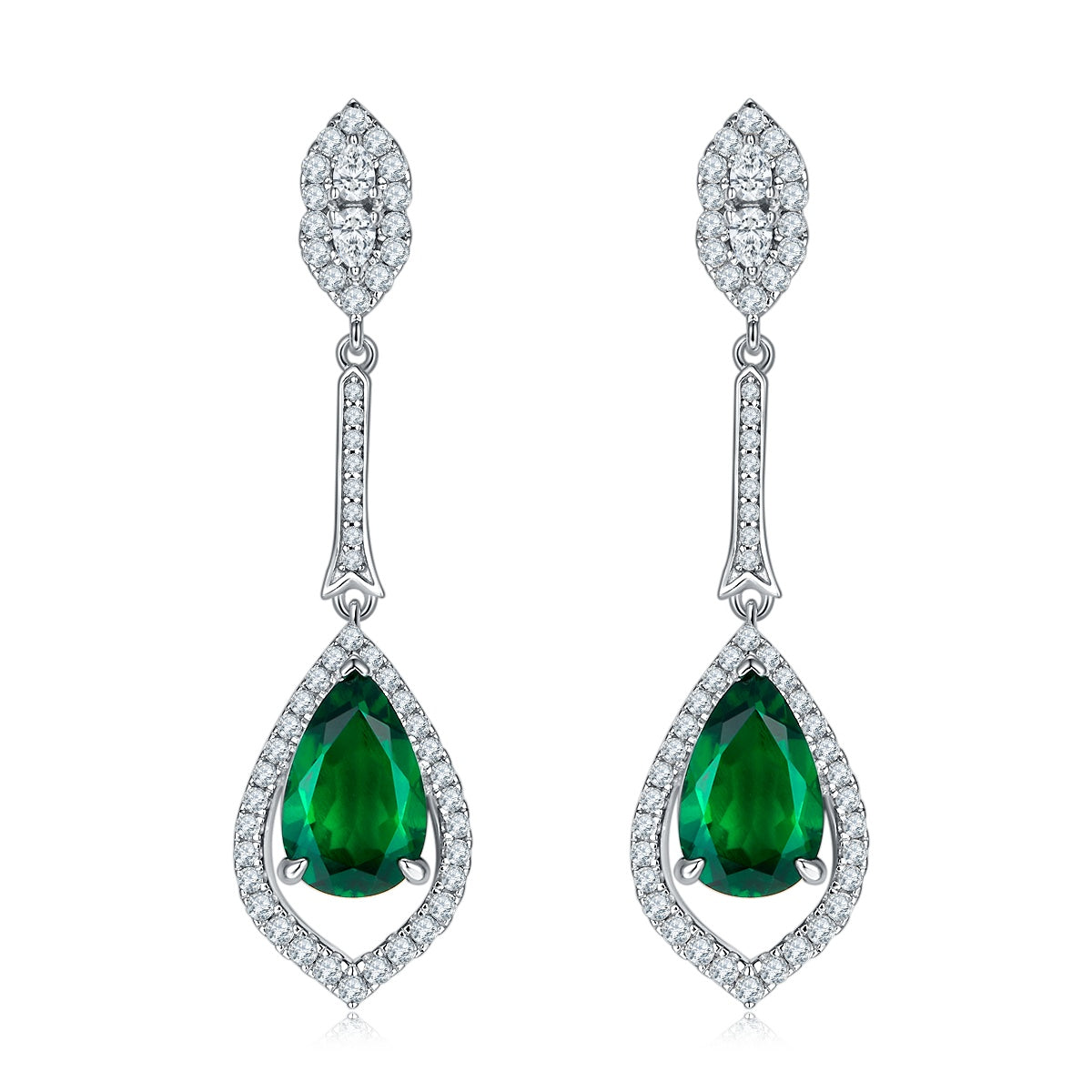 S925 Silver 5.6g Lab-Created Emerald Drop Earrings, 3.4ct 11x7mm Pair