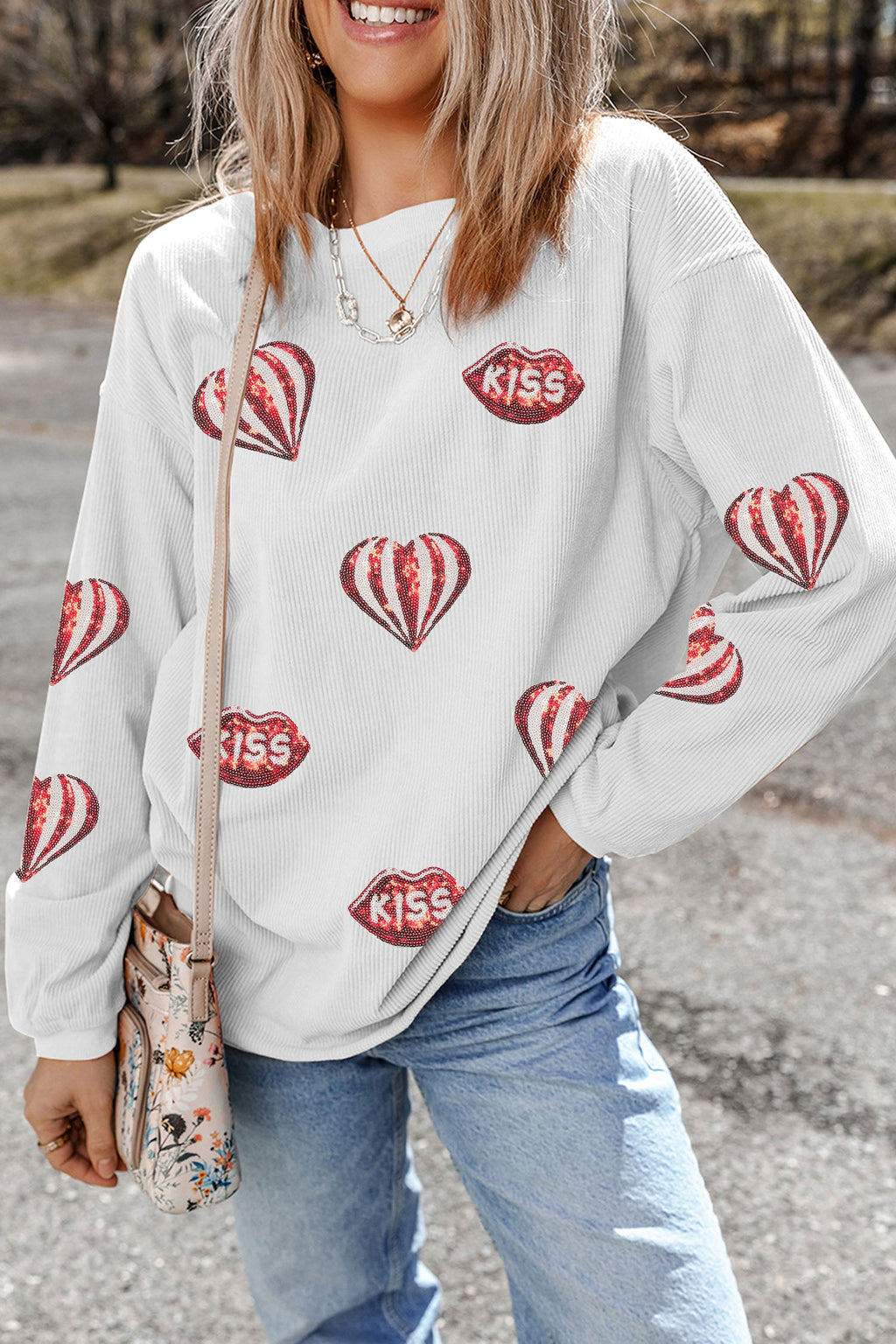 White Sequin Ribbed Graphic Valentine's Day Sweatshirt