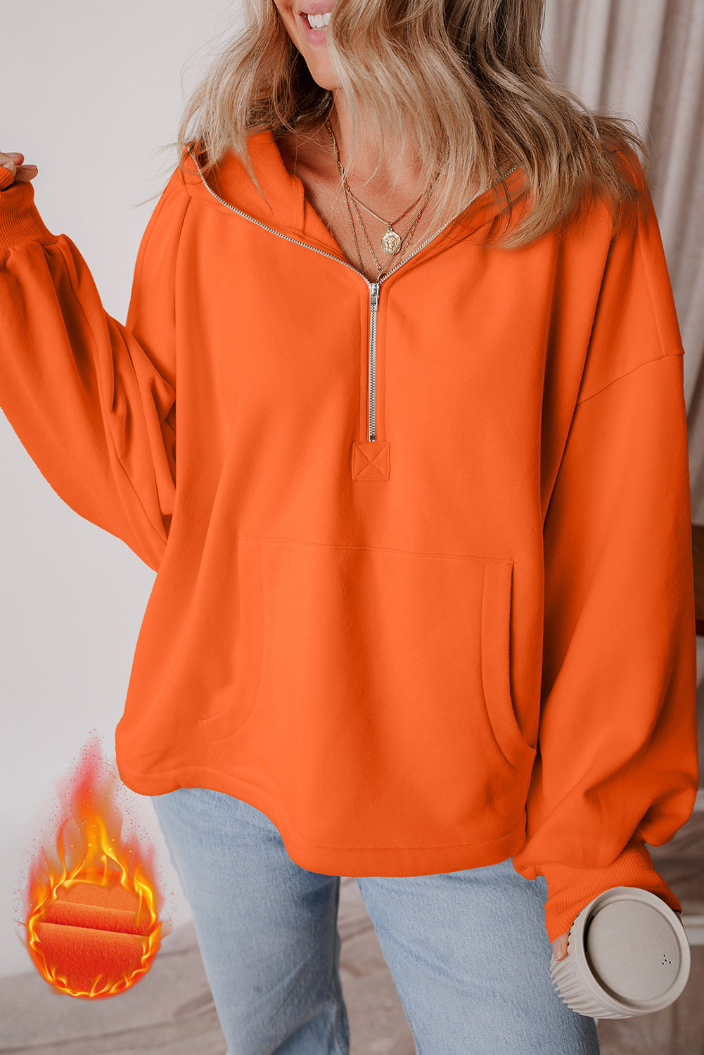 Orange Half Zipper Hoodie with Kangaroo Pockets | Drop Shoulder