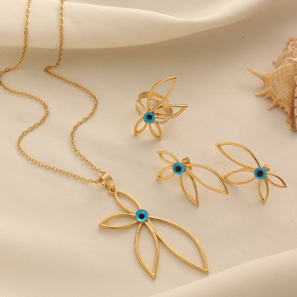 Petal Evil Eye Jewelry Set with Gold-Tone Finish and Blue Accents