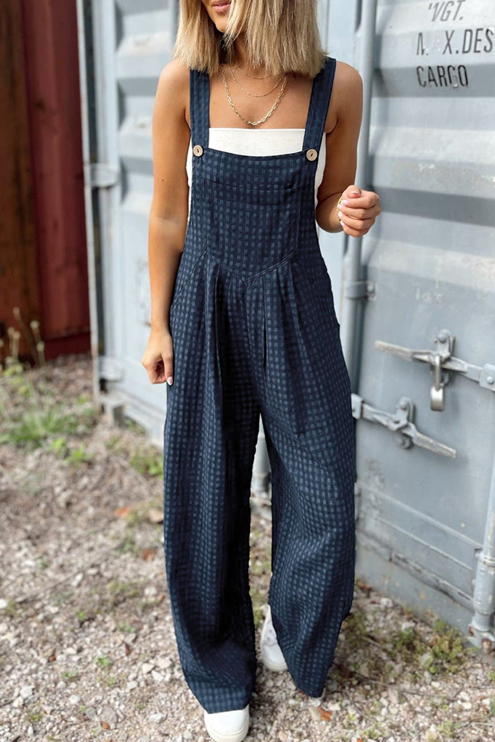 Sail Blue Plaid Print High Waist Overall with Pockets