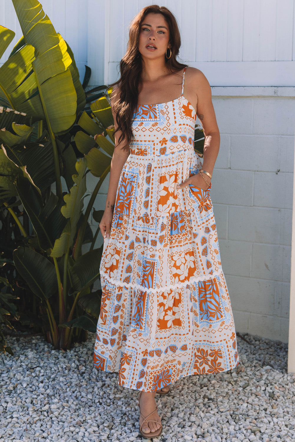 Zora maxi dress featuring a playful print, ric-rac trim, and spaghetti straps