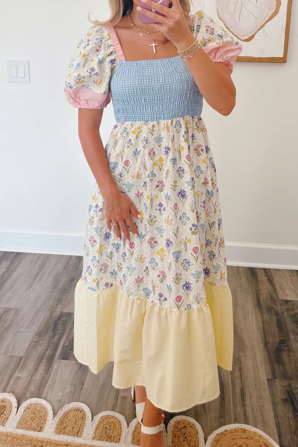 Floral Stripe Colorblock Square Neck Shirred Dress