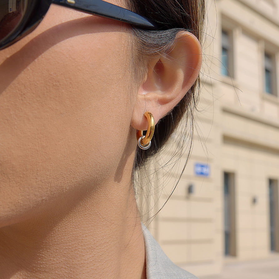 Two-Tone Stainless Steel C-Hoop Earrings with Ring Accent