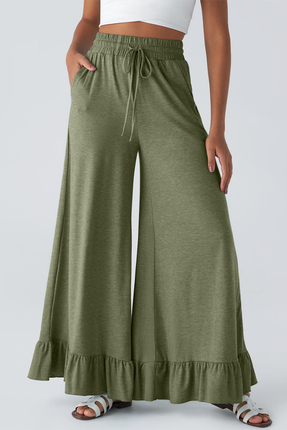 Women’s Wide Leg Knit Pants with Ruffle Hem - Relaxed Bohemian Style