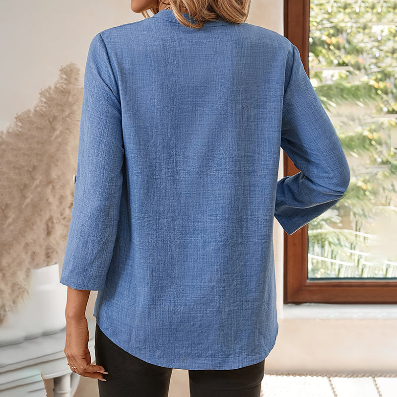 Womens Casual Notch V-Neck Tunic Blouse with Roll-Up Sleeves - Image 6