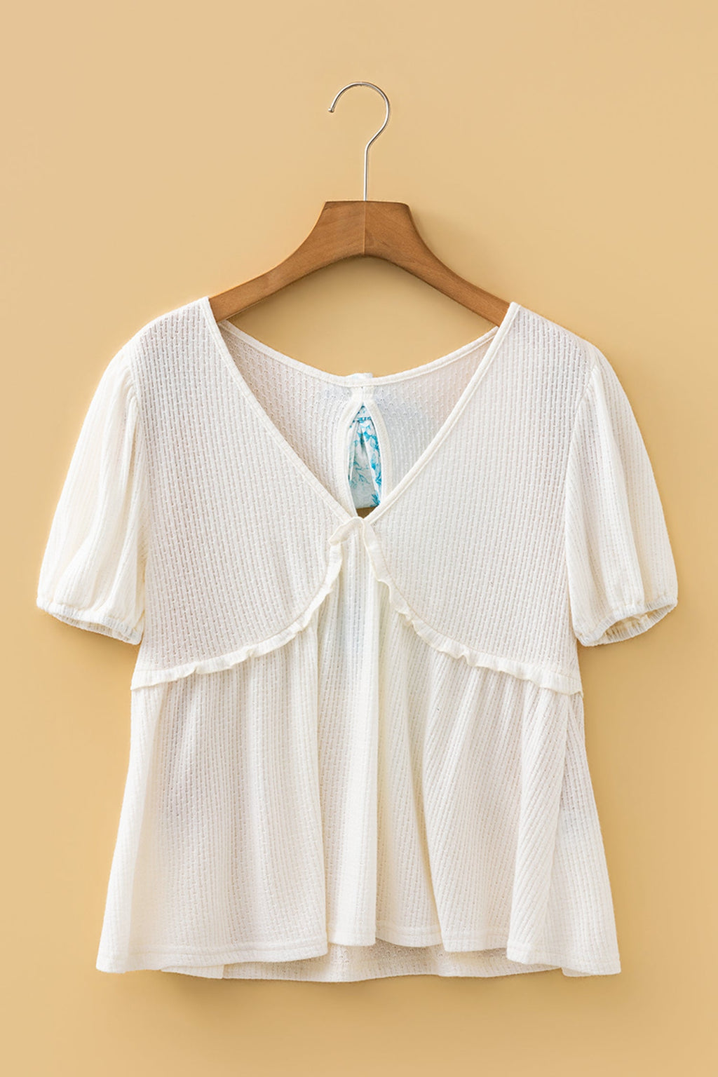 Textured Knit V-Neck Peplum Top with Feminine Bubble Sleeves