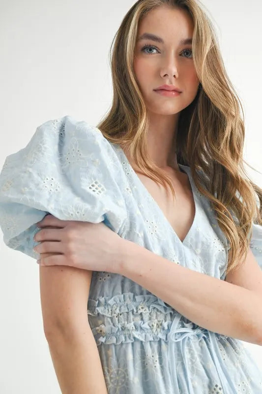 Eyelet Lace Puff Sleeve V-Neck Midi Dress