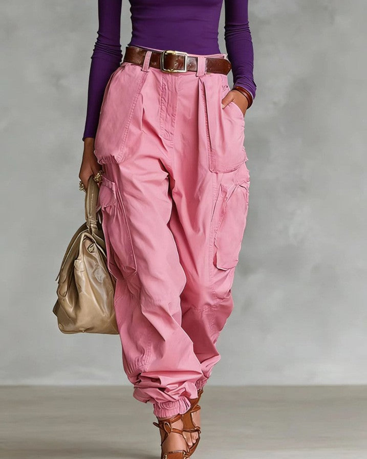 Women's High-Waist Beige Cargo Joggers with Elastic Cuffs - Image 12