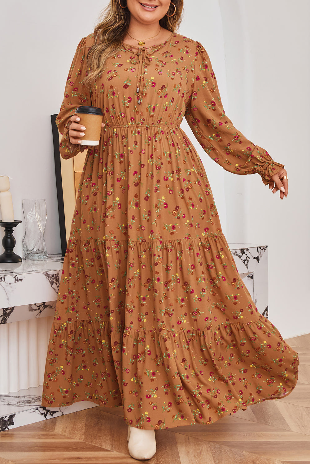 Plus Size Floral V-Neck Ruffle Sleeve Tiered Dress