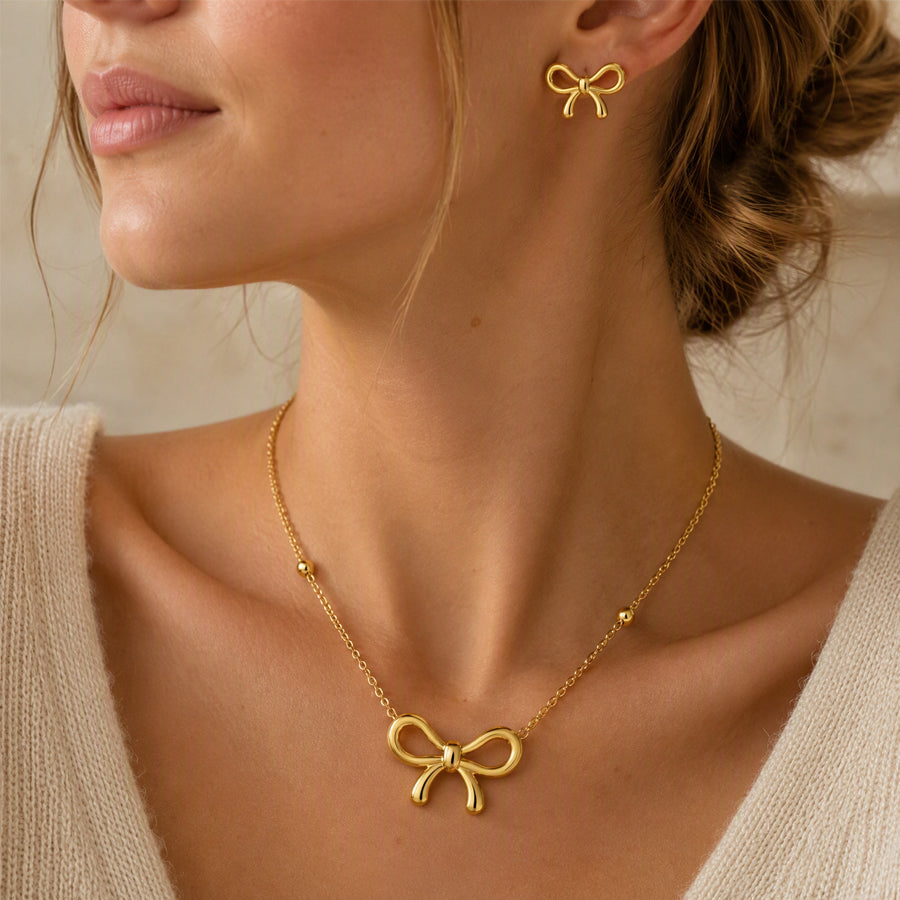 Stainless Steel Gold Tone Jewelry Set For Women Ball Station Chain 3D Bow Knot Pendant Necklace Bow Stud Earrings Sweet Cute Minimalist Fashion Dropshipping Jewelry Gift
