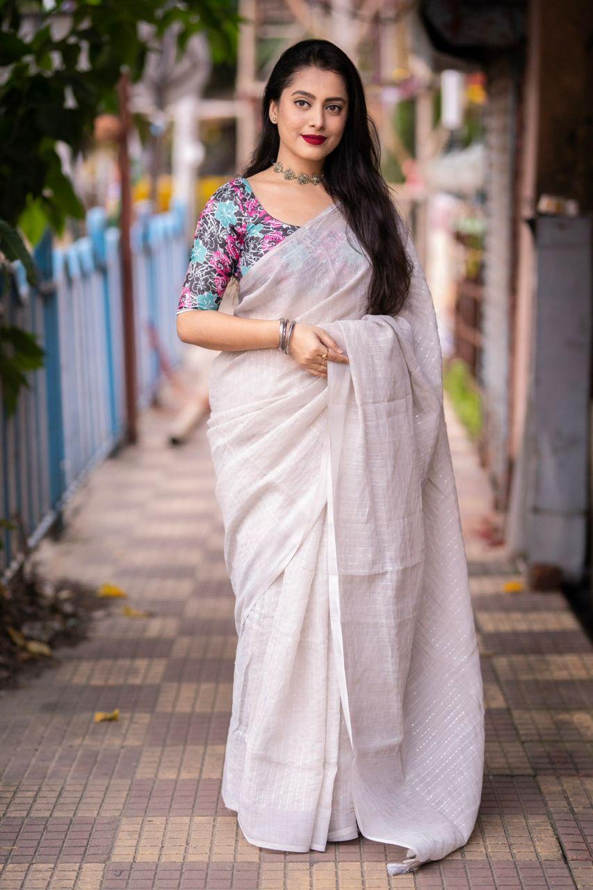 Grey Linen Sequence Saree with Unstitched Blouse - Hiral Fashion