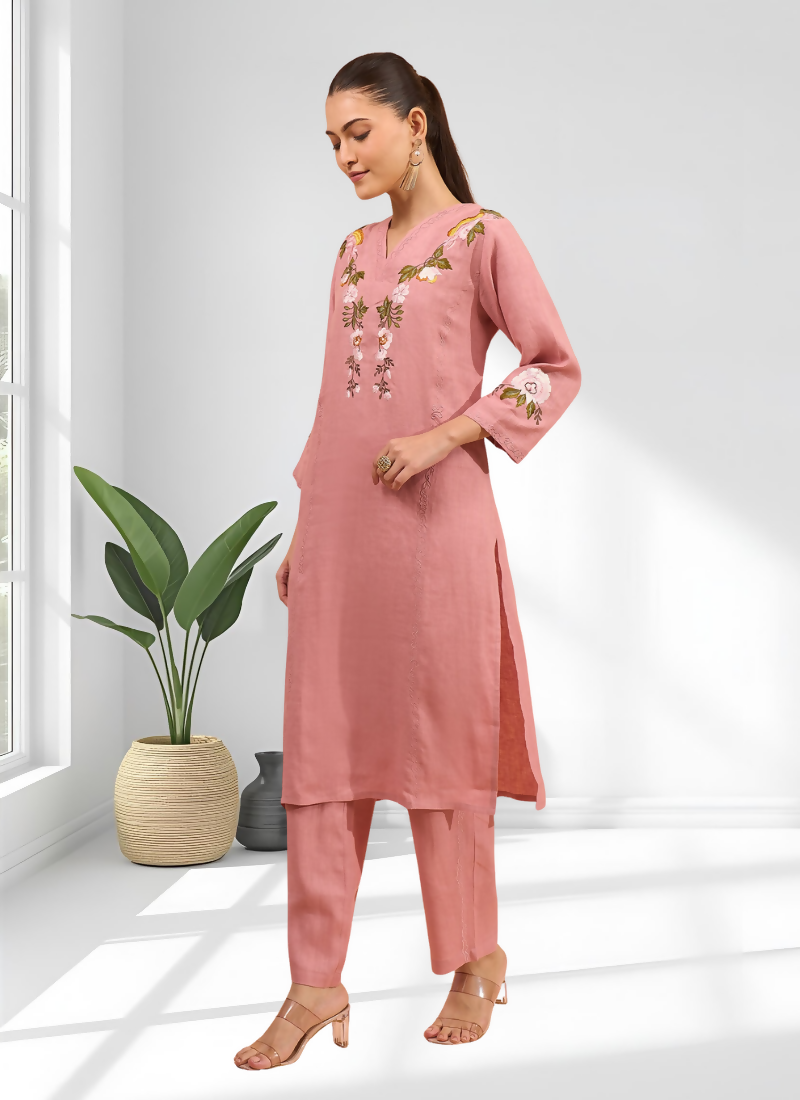 Pink Linen Embroidered Long Kurta with Pant Set for Women