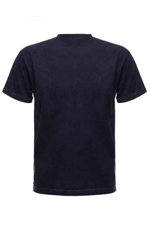 A navy blue crew neck t-shirt with a mineral wash finish, displayed flat on a white background.