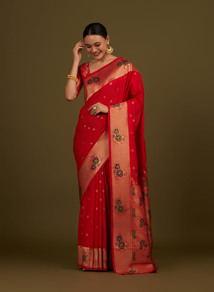 Red Woven Silk Blend Saree with intricate floral motifs and gold zari detailing