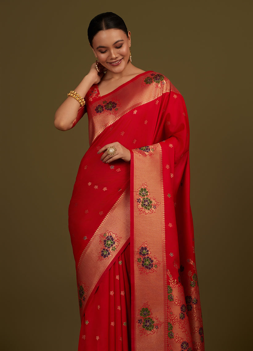 Red Woven Silk Blend Saree with Zari Work & Floral Motifs