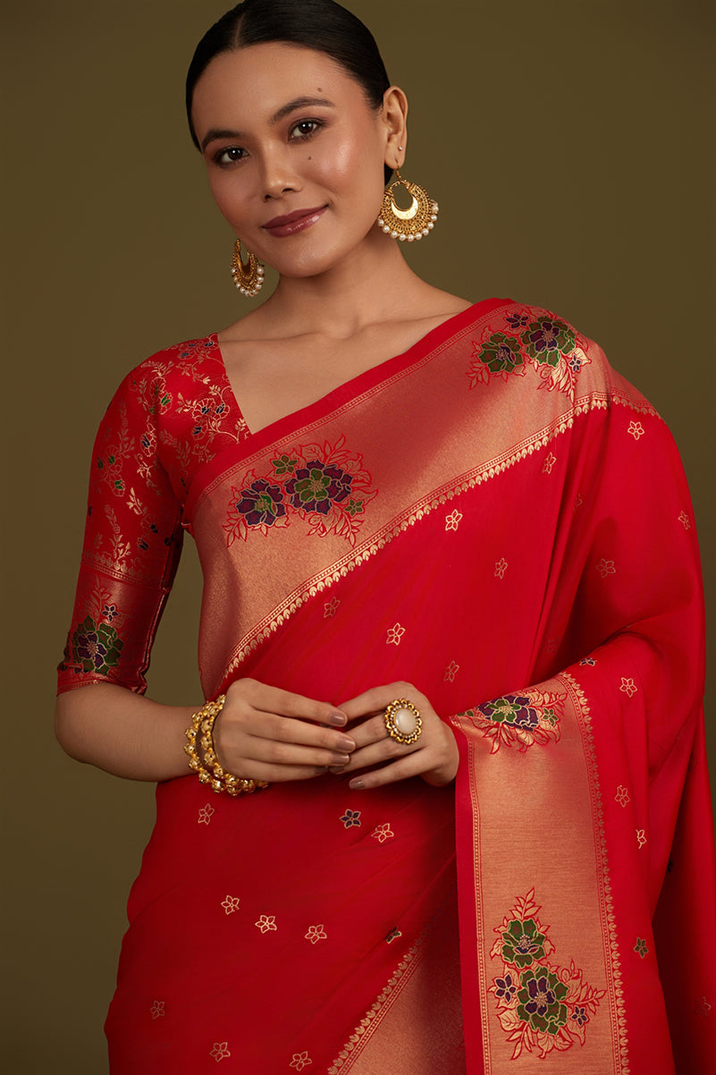 Red Woven Silk Blend Saree with Zari Work & Floral Motifs
