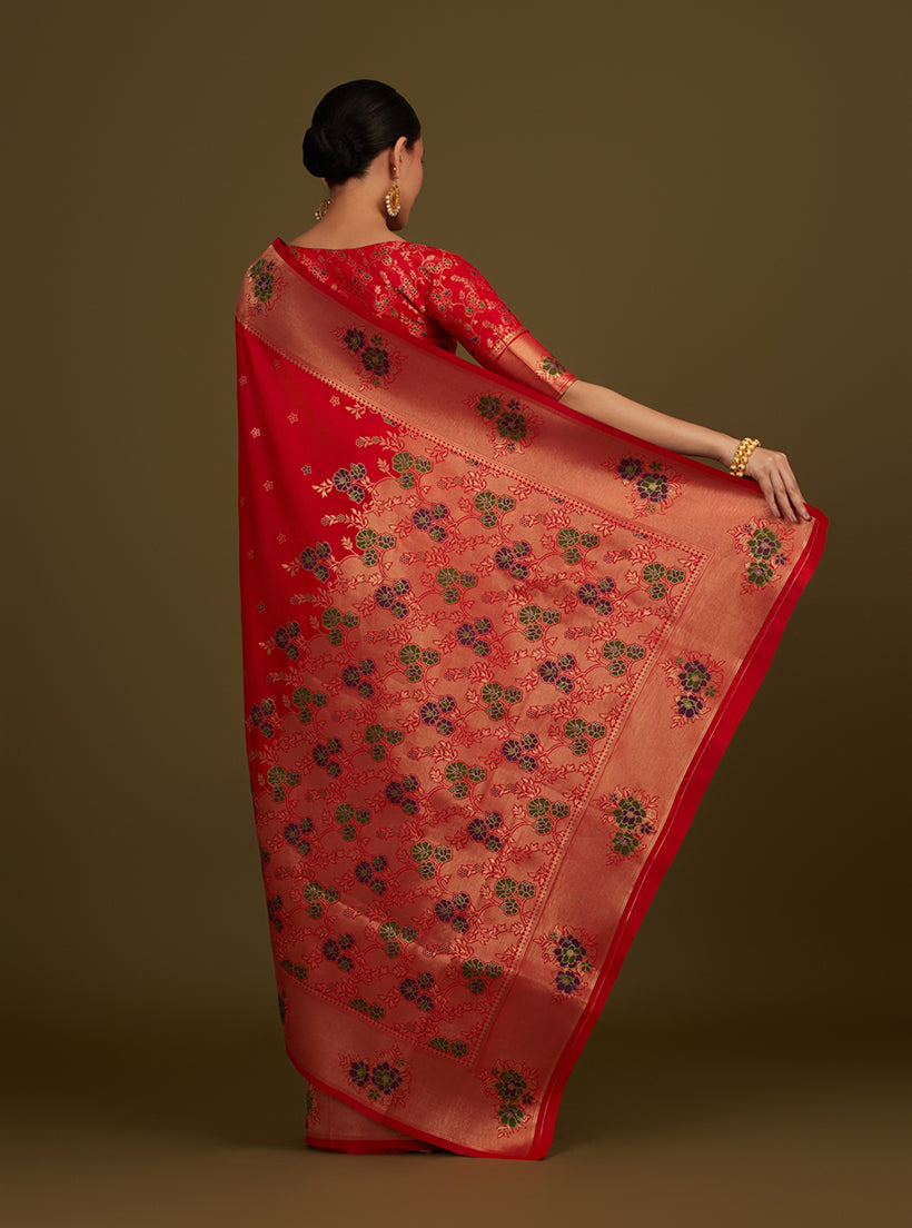Red Woven Silk Blend Saree with Zari Work & Floral Motifs