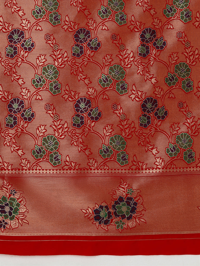 Red Woven Silk Blend Saree with Zari Work & Floral Motifs