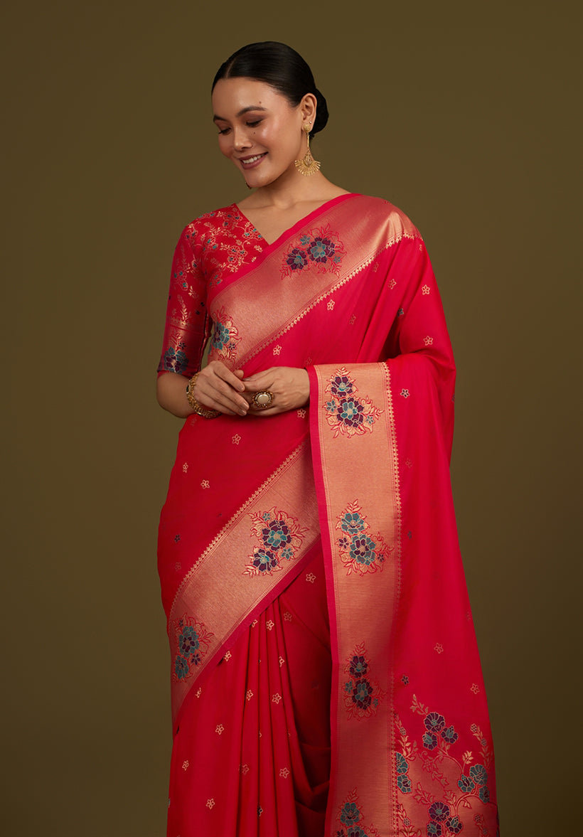 Pink Woven Silk Blend Saree with Zari Floral Motifs