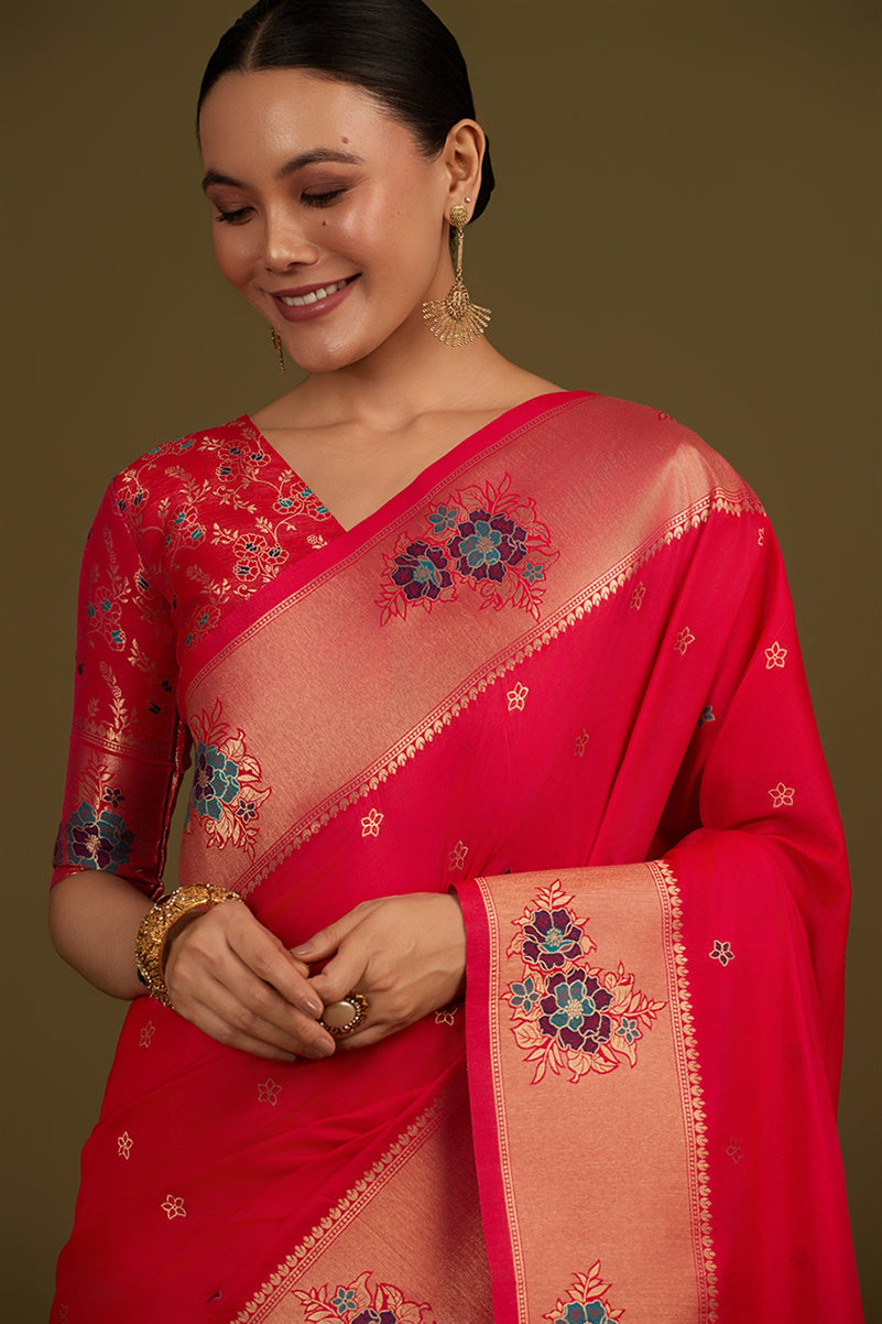 Pink Woven Silk Blend Saree with Zari Floral Motifs