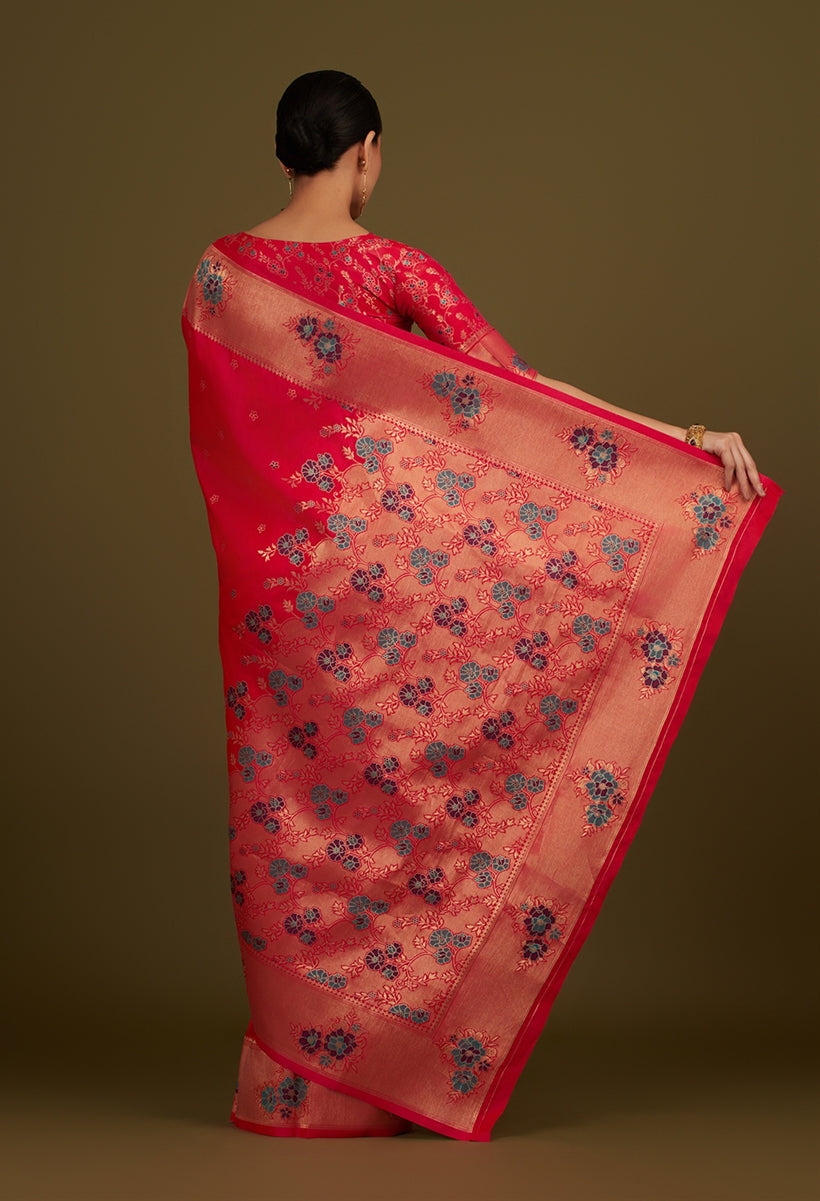 Pink Woven Silk Blend Saree with Zari Floral Motifs