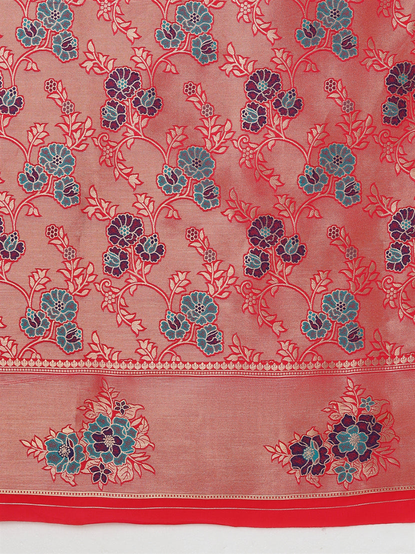 Pink Woven Silk Blend Saree with Zari Floral Motifs