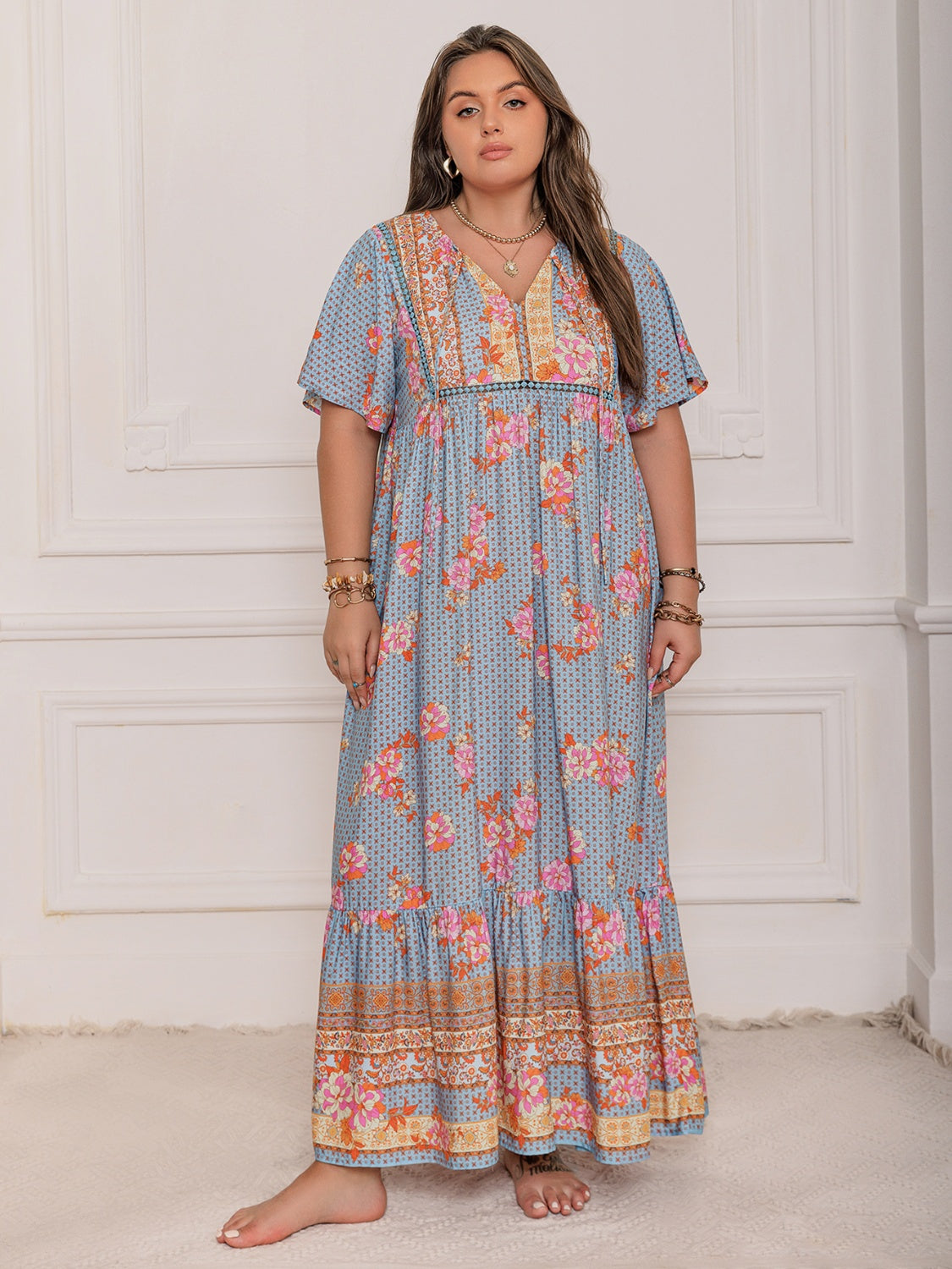Floral Printed Flutter Sleeve Maxi Dress with Ruched Tie