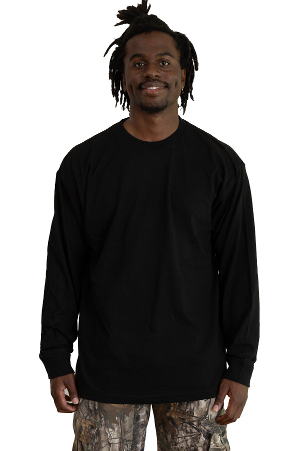 Man wearing a solid black long sleeve crew neck Roughneck t-shirt.