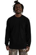 Man wearing a solid black long sleeve crew neck Roughneck t-shirt.