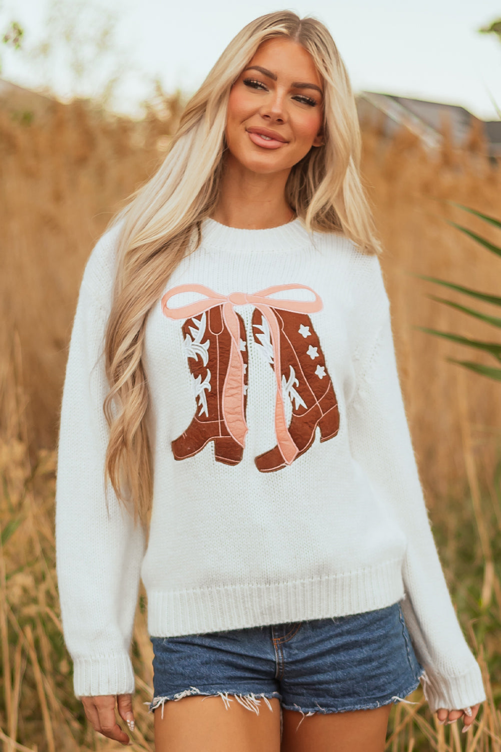 Women's Embroidered Bow Boots Knit Sweater, Relaxed Crew Neck Top