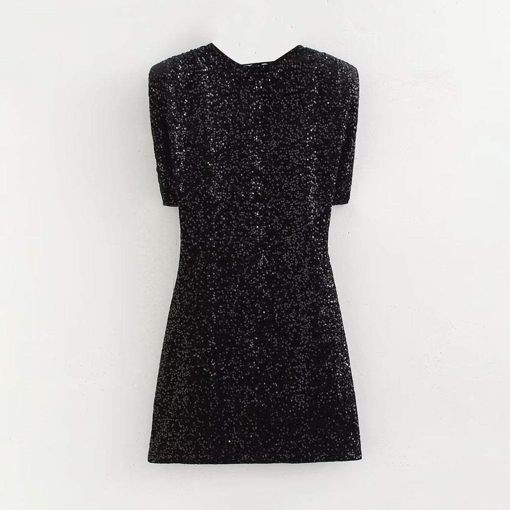 Women Clothing round Neck Solid Color Sequ Decorative Velvet Dress