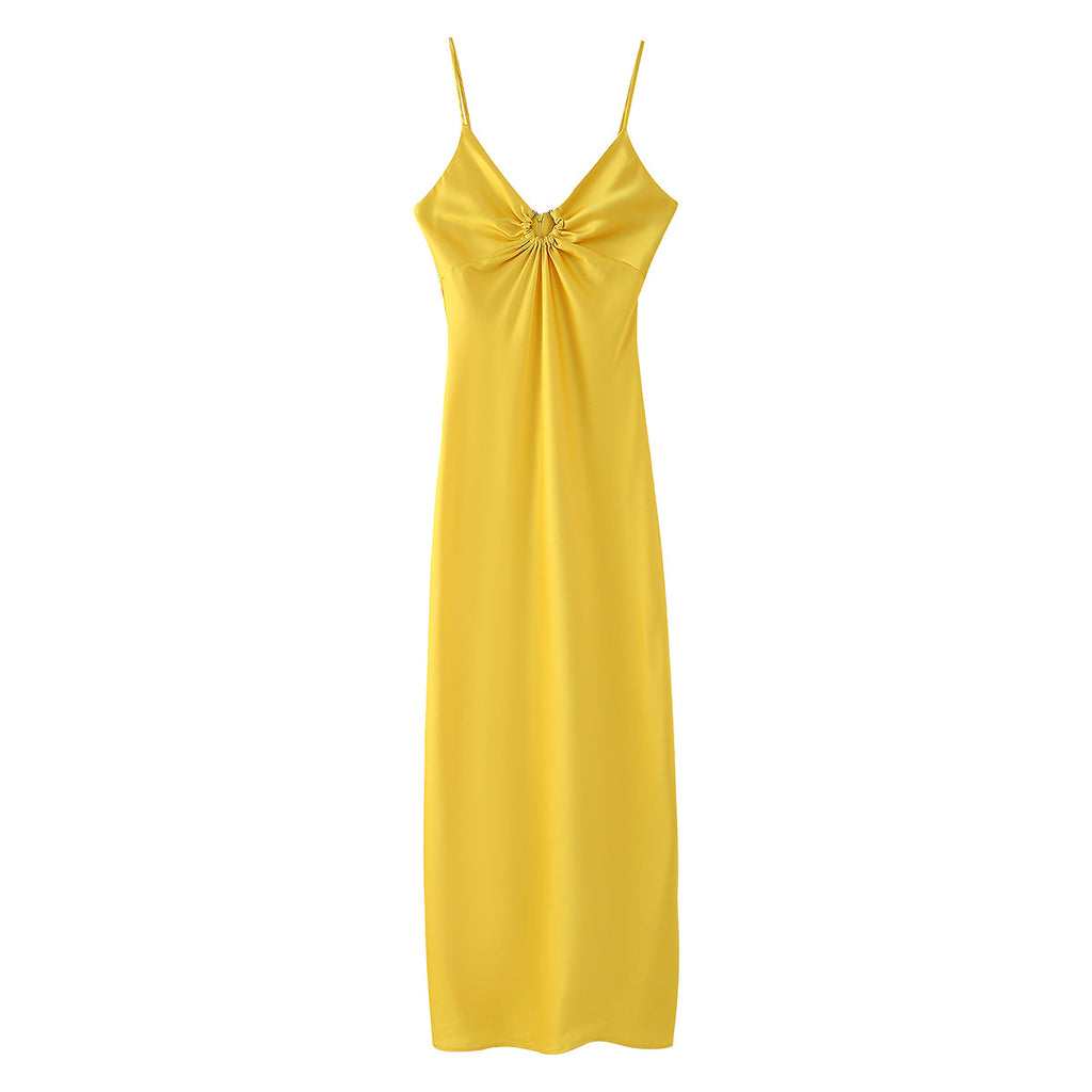 Women Clothing Long Hollow Out Cutout Decorative Satin Sling Dress
