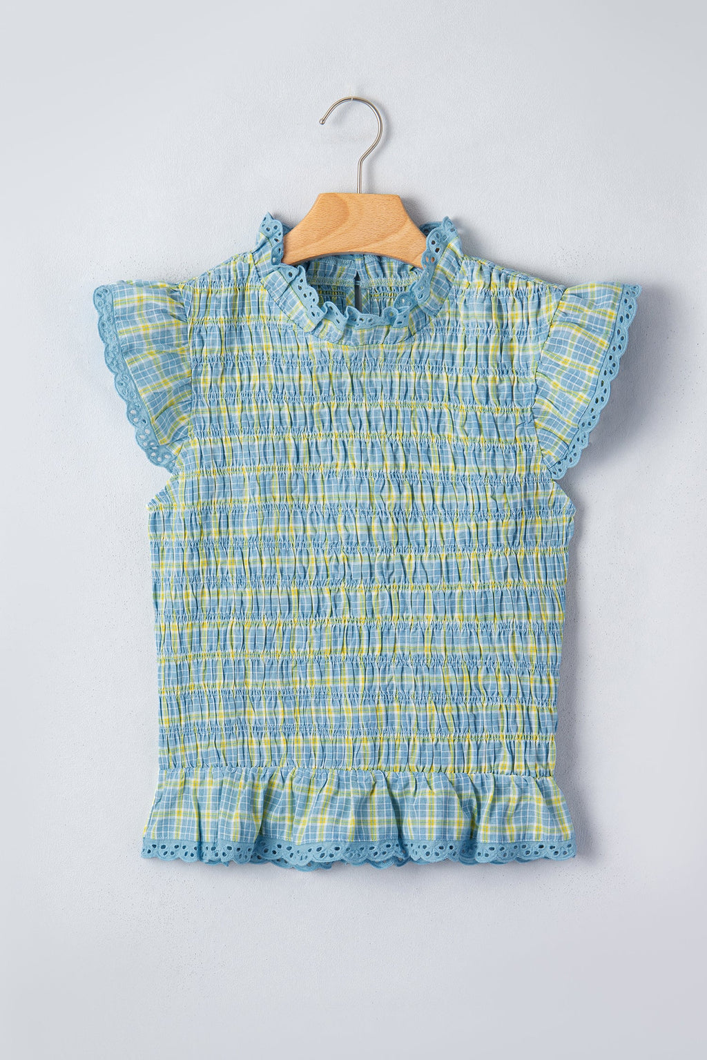 Nia Lace Trim Tank Top with Smocked Neckline and Plaid Print