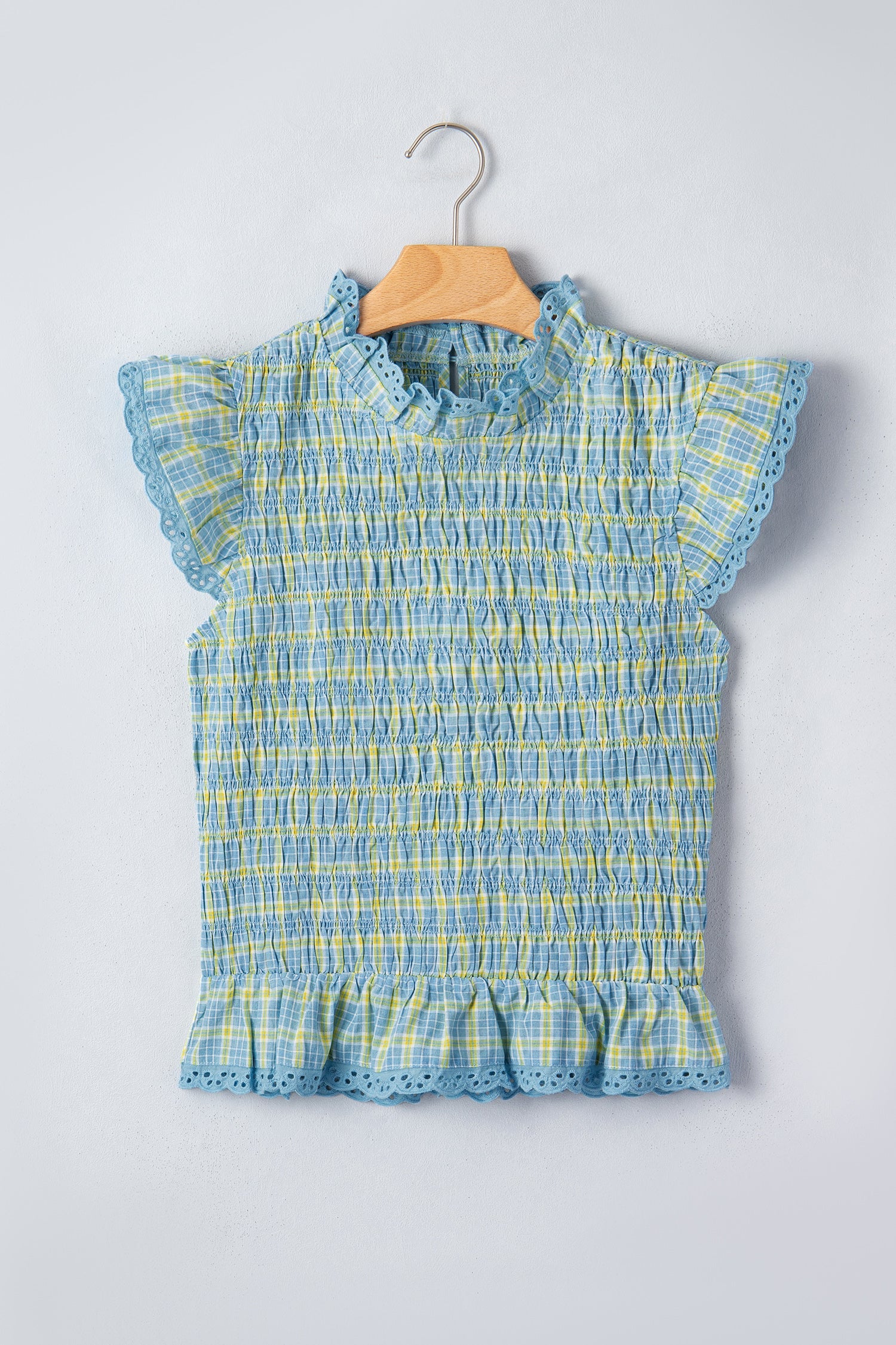 Nia Lace Trim Tank Top with Smocked Neckline and Plaid Print