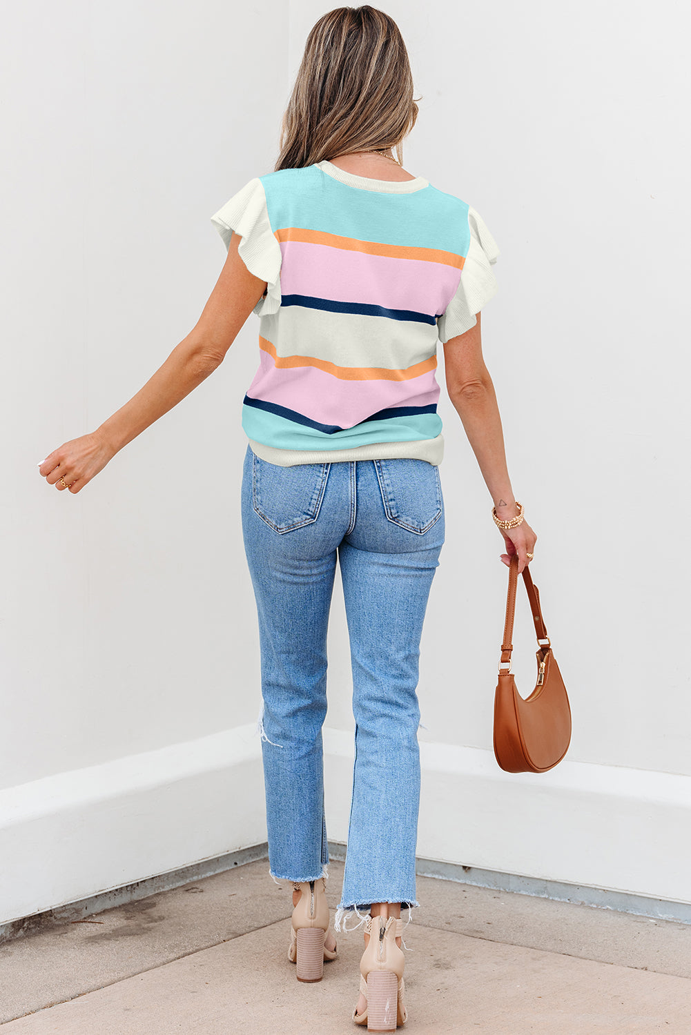 Yasmin Striped Flutter Sleeve Patchwork Knit Top - Image 2