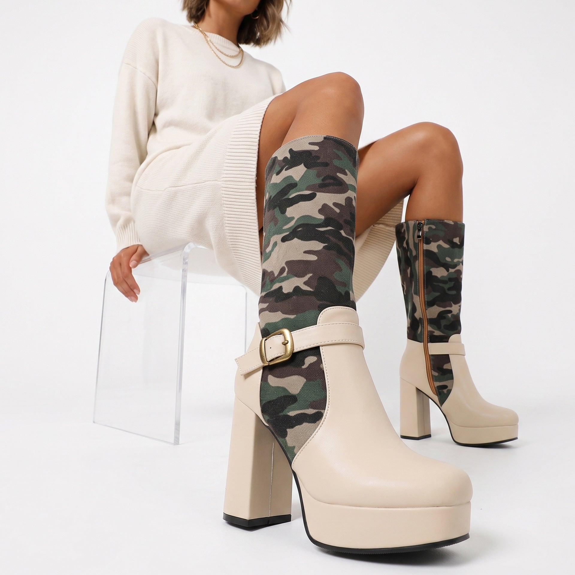 Women's Camouflage High-Cut Platform Boots | Chunky Heel & Buckle